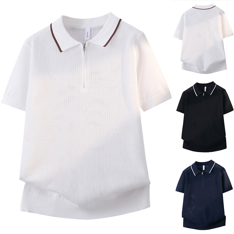 Polo camiseta de punto camiseta de manga corta hombre solapa media cremallera camiseta hueca verano viejo qianfeng fábrica de negocios transfronterizos al por mayor