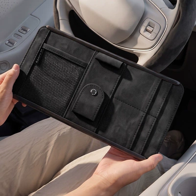 Car sun visor storage gadget, multifunctional light-blocking board, glasses, card, driver's license holder, car storage clip (Car Glasses Clip/Bill Clip) - premium-suede-blacksun-visor-storage-bag
