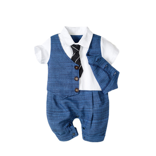 Cross-border European and American summer new hooded short-sleeved one-piece romper, baby boy gentleman's khaki suit one piece dropshipping
