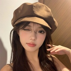 简约咖色贝雷帽女春秋日系复古百搭八角帽大头围显脸小画家帽子潮
