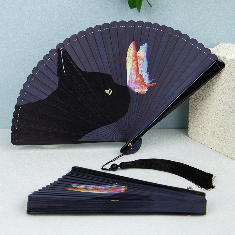 Ancient Style Fan Full Bamboo Folding Fan Chinese Style Female Classical Small Dance Fan Black Summer Cat Color Butterfly Full Bamboo Fan