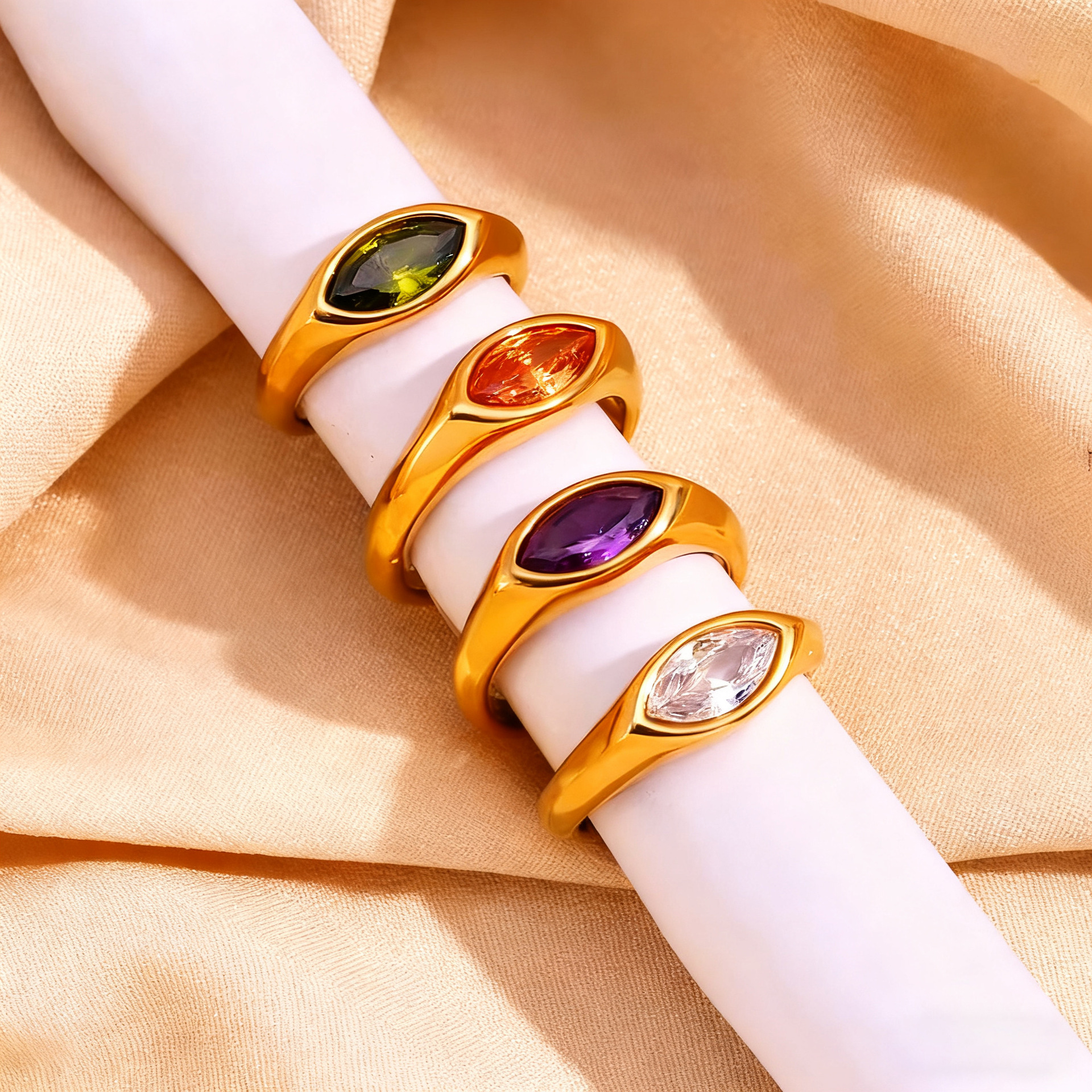 European and American Cross-Border Hot-Selling Simple and Versatile Fashionable Diamond-Encrusted Jewelry Copper Gold-Plated Marquise Color Zircon Seal Ring for Women