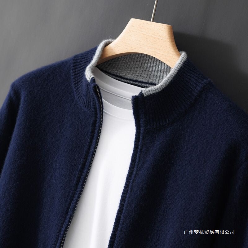 Men's Color-Blocked Long-Sleeved Knitted Zipper Jacket Loose Casual Thickened Large Size Top Ready for Machine Washable Group Wood