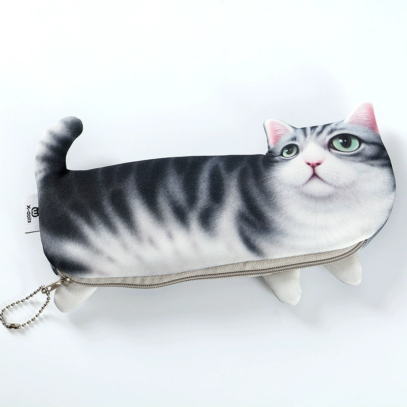 Cute Cat Pencil Case for Kids, Realistic Plush Look, Korean Style, 30 × 15 × 0.5 cm