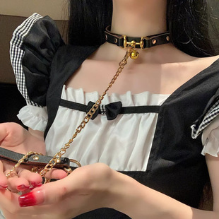 Small Bell Collar Women's Genuine Leather Choker Necklace Collar K9 Puppy Traction Rope Neck Chain for Men and Women