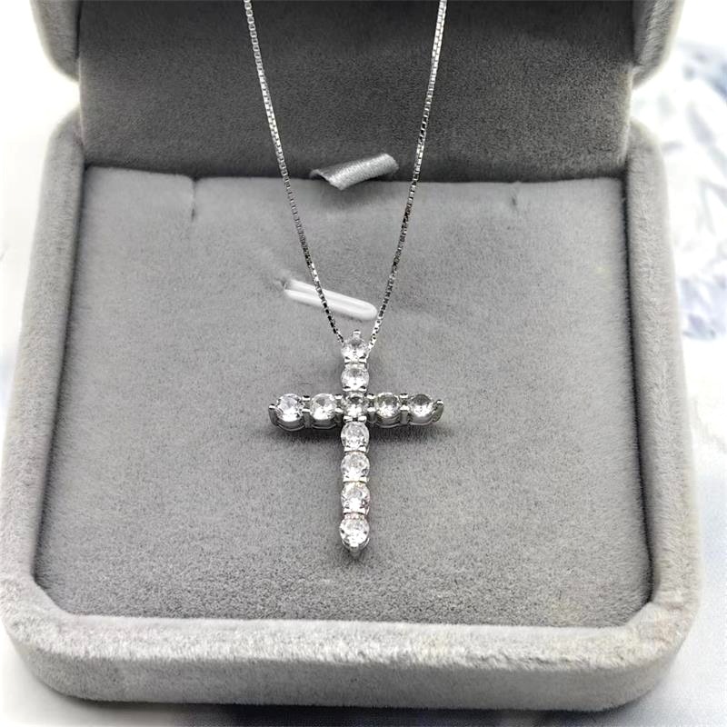 Women's Gender 925 Sterling Silver Rhinestones Inlay Cross Pendant Necklace