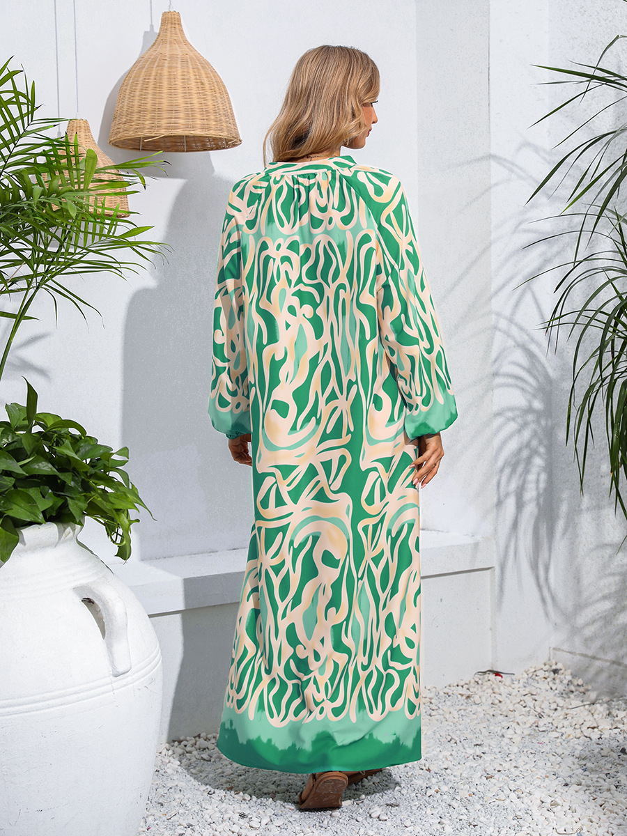 V Neck Neckline Wholesale Women's Elegant Vacation Printing Button Color Block Holiday Daily V Neck Long Sleeve Swing Dress