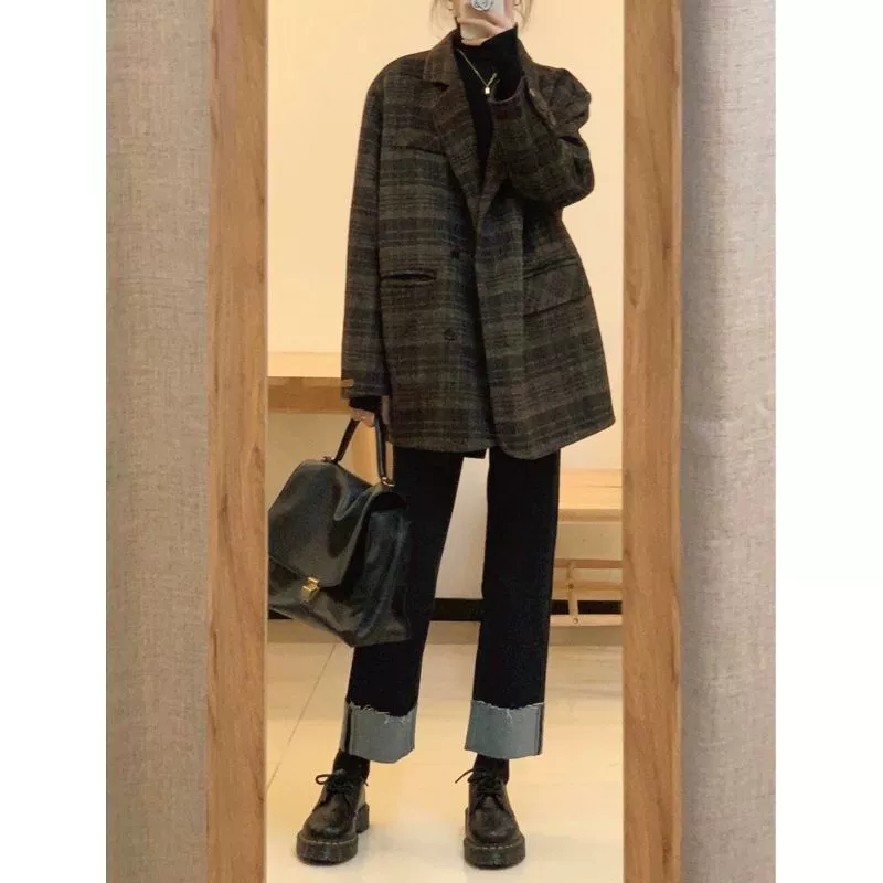 Короткий клетчатый костюм шерстяное пальто женское осеннее и зимнее шерстяное пальто 2024 новый маленький толстый пиджак