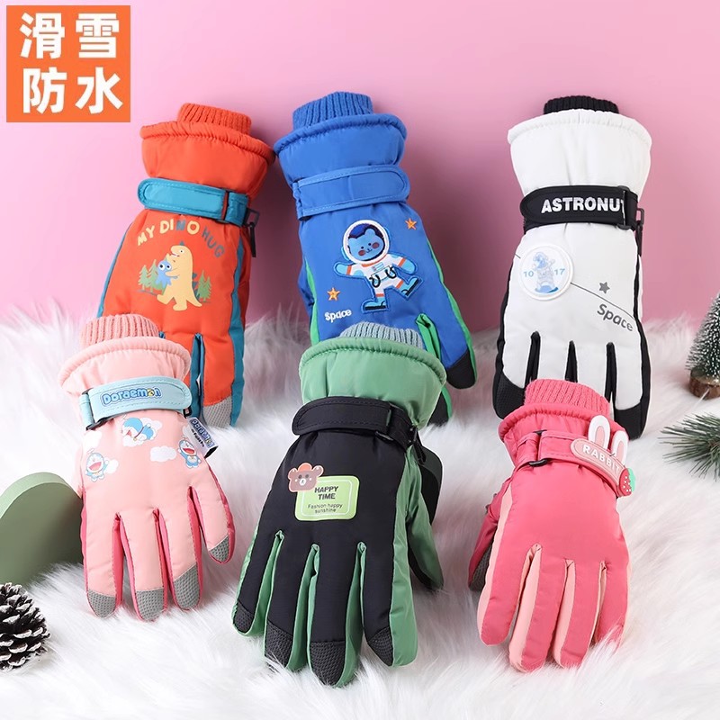 Thick padded winter snow gloves for children aged 3-17, with features including cold insulation, waterproof, windproof, anti-slip, and snow play.