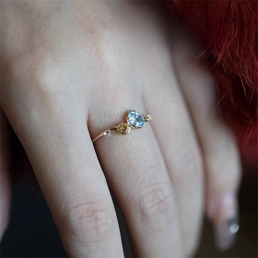 日系黃水晶藍寶石鋯石戒指女不掉色輕奢高級小眾設計百搭開口指環