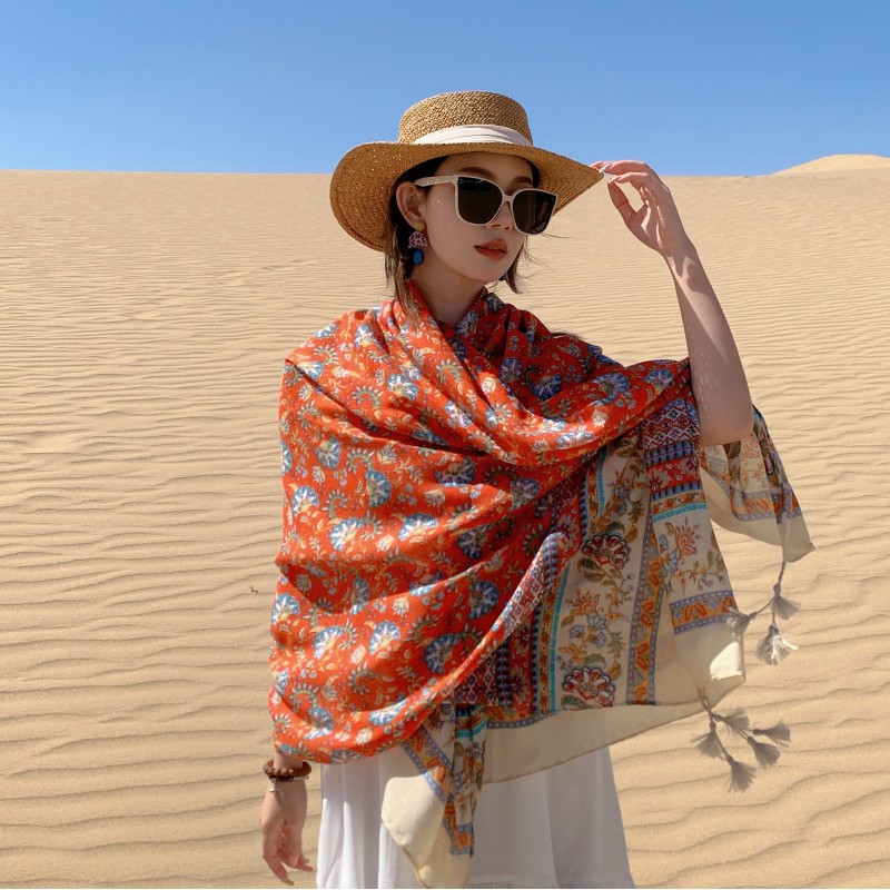 2023 floral delgada coincidencia de color estilo étnico bufanda seda Yunnan Lijiang viajes Toalla playa protección solar desgaste exterior largo chal