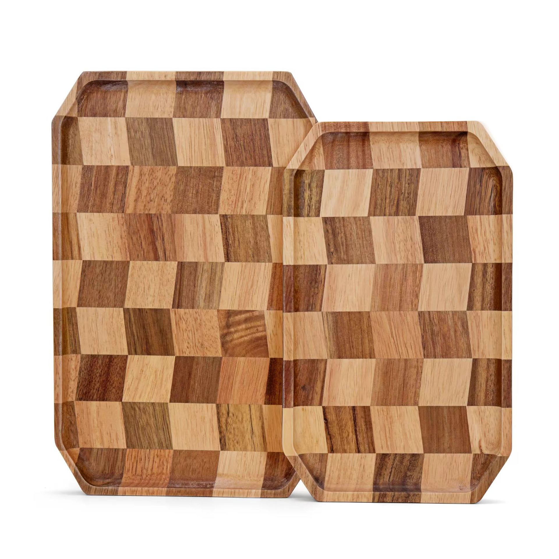 Bandeja de tablero de ajedrez de madera Mesa de la sala de estar Aperitivos Bandeja de almacenamiento de frutas Bandeja de desayuno de hotel Bandeja de té de madera maciza