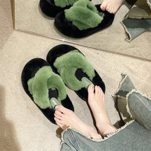 交叉撞色毛毛拖外穿秋冬2024新款爆款韩版家居厚底月子鞋厚毛绒拖