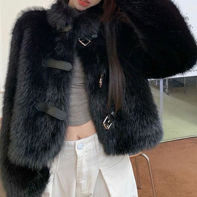 加厚短款立领皮草外套感新款时尚毛毛秋冬百搭上衣女小个子女