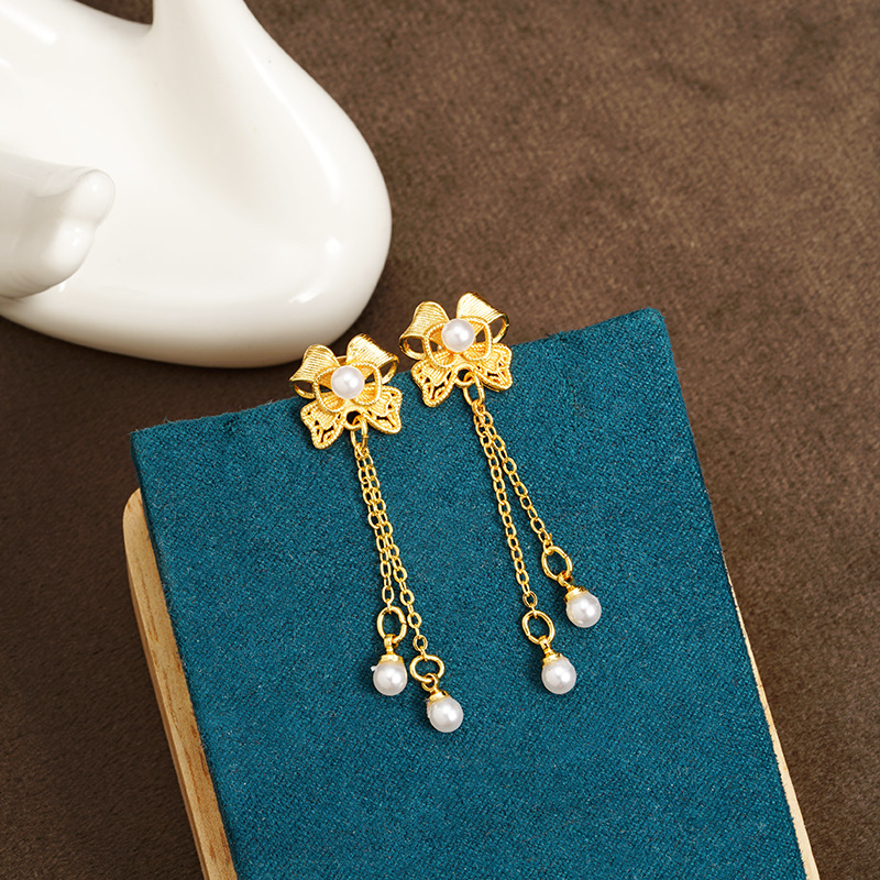 Palacio estilo antiguo arco de oro flange perla pendientes de perla para mujeres versátiles de alta calidad no se desvanecen joyas