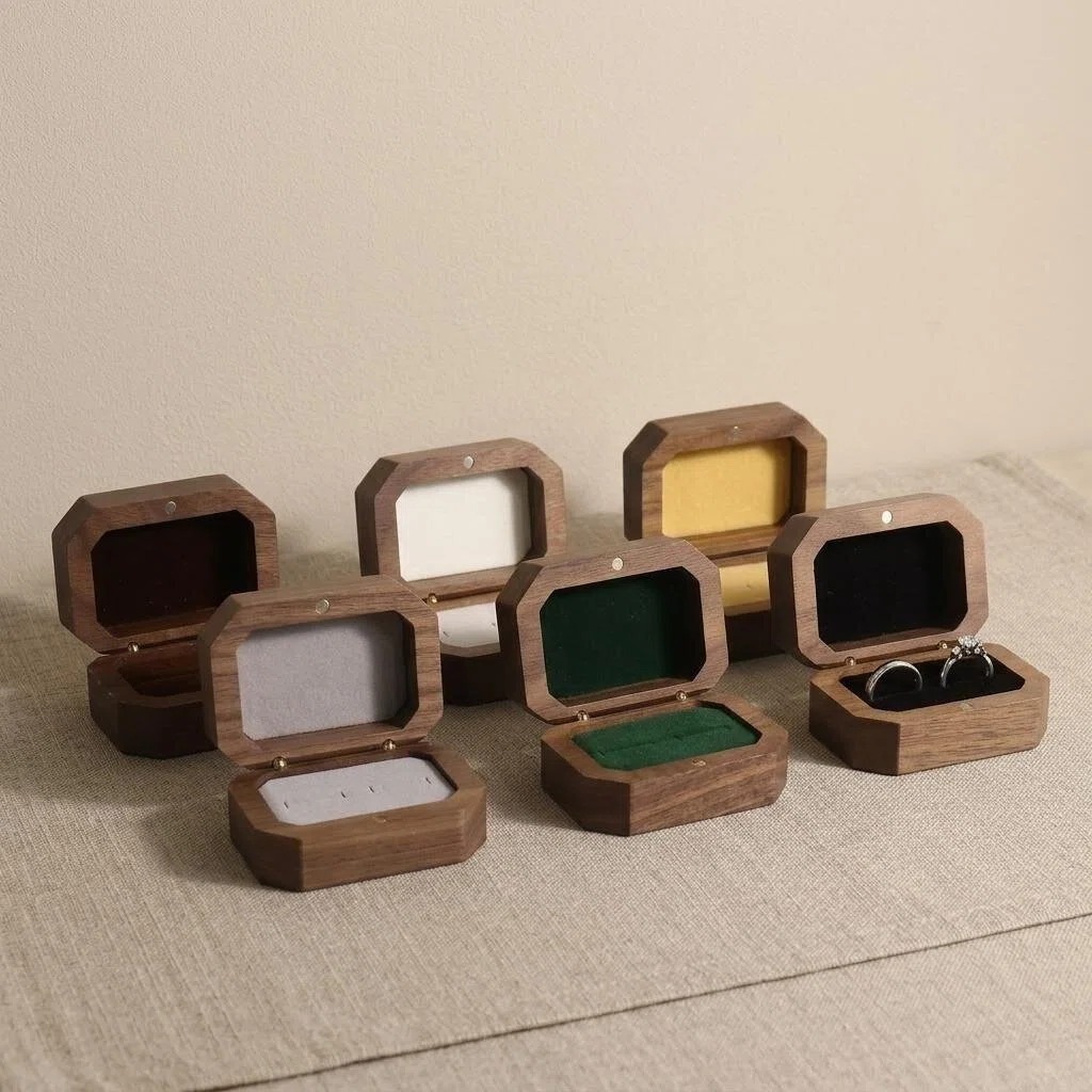 实木大长倒八角求婚对戒盒黑胡桃木戒指盒婚礼情侣对戒收纳盒