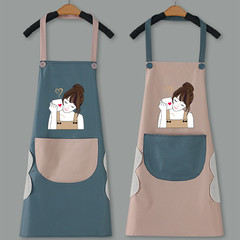 Cartoon Print Pouch-Front Washable Apron for Couples - Waterproof and Oil-Resistant, Sleeveless Neck-Tie Apron, Blue and Pink Series