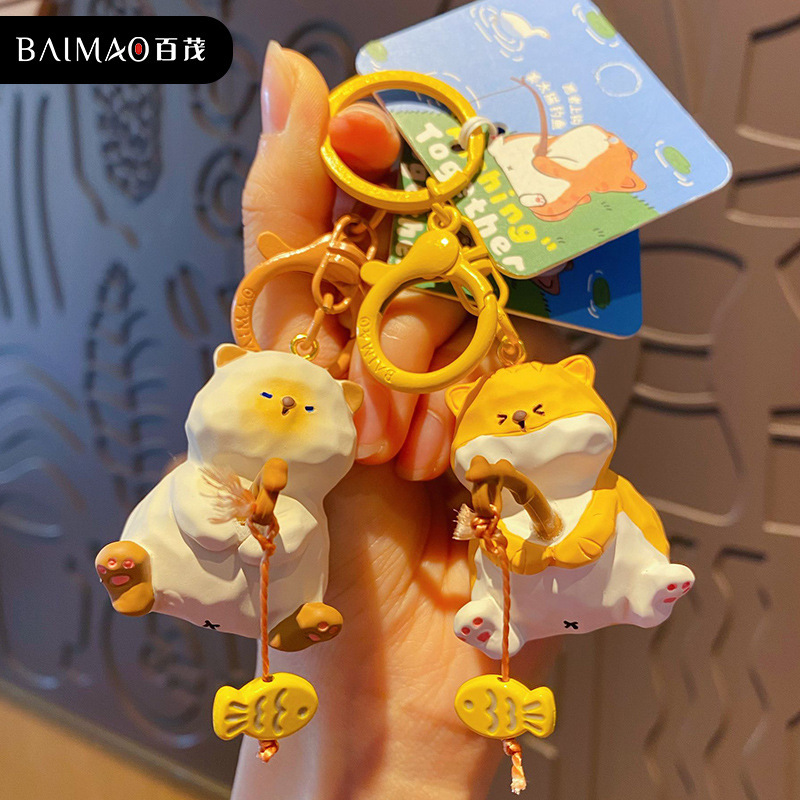Baimao Original Ginger Cat Fun Fishing Keychain Pendant Cute Three-flower Cat Doll Backpack Key Chain Hanging Ornaments