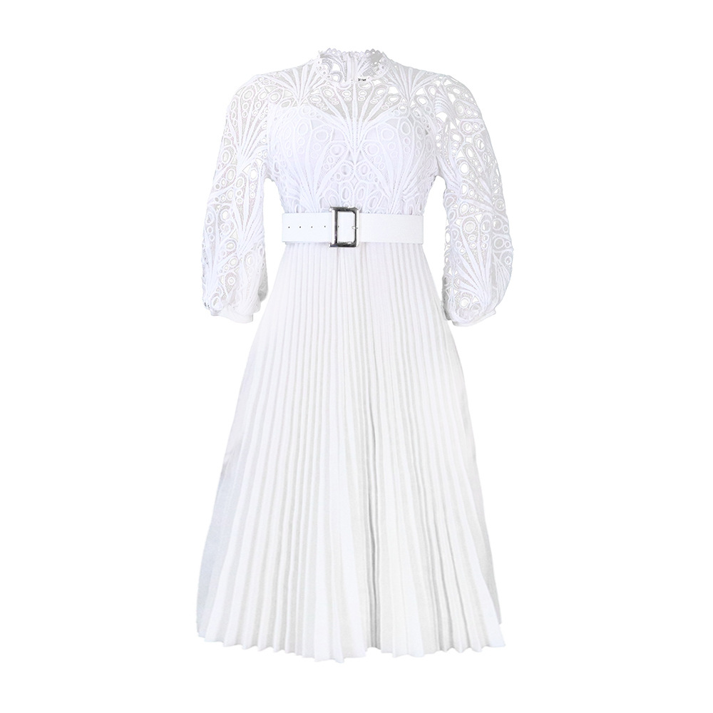 Women's Lace Hook Dress Hollow Pleated Stitching New Clothing_ecoleips.com