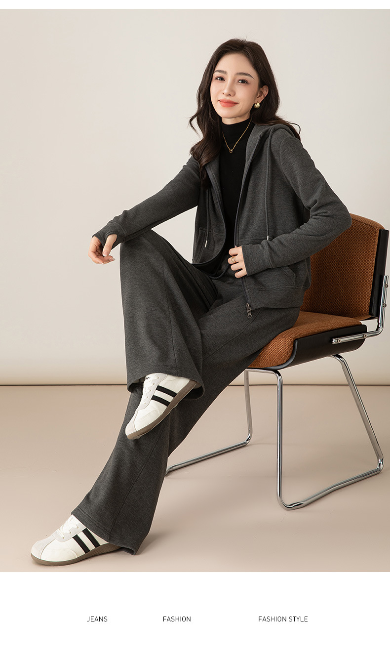 Bộ đồ thể thao nữ hai mảnh giả cashmere mũ trùm dáng rộng phong cách Hàn Quốc — Màu xám (bộ hai món) chi tiết 31