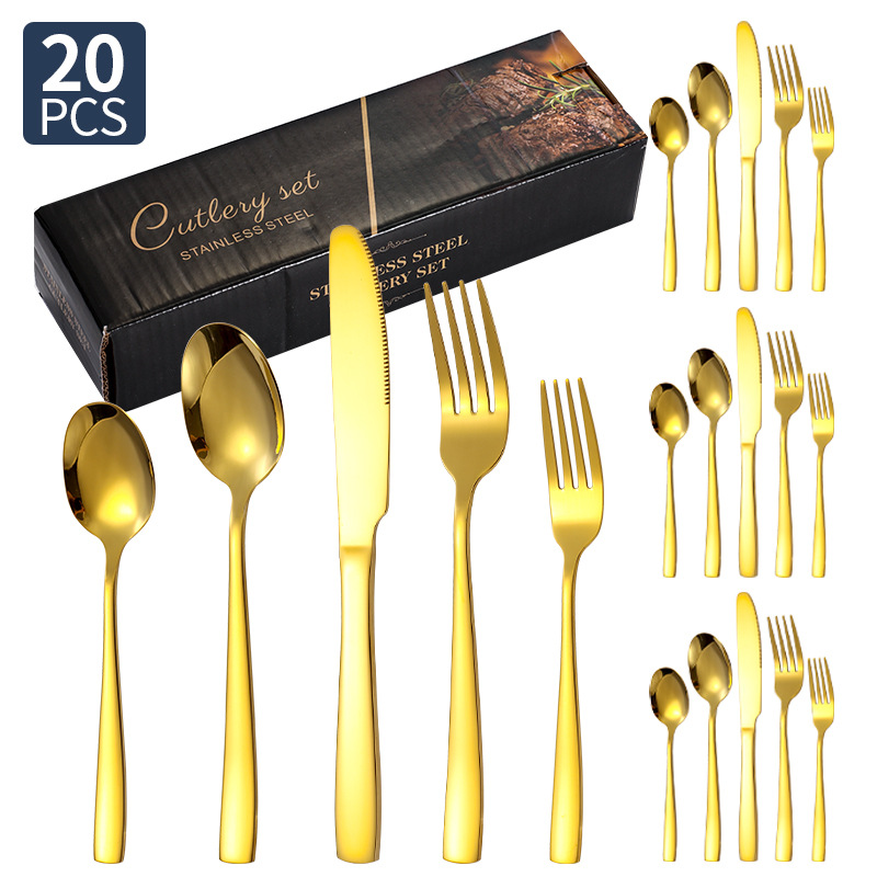 Transfronterizo Amazon cubiertos de acero inoxidable de mango cuadrado 20 / 24 / 30 piezas set cuchillo de filete de comida occidental tenedor cuchara set box