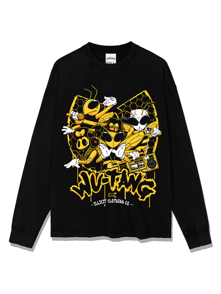 Wu-tang camiseta de manga corta retro americana con estampado lavado y desgastado suéter con capucha y cuello redondo suelto de algodón pesado