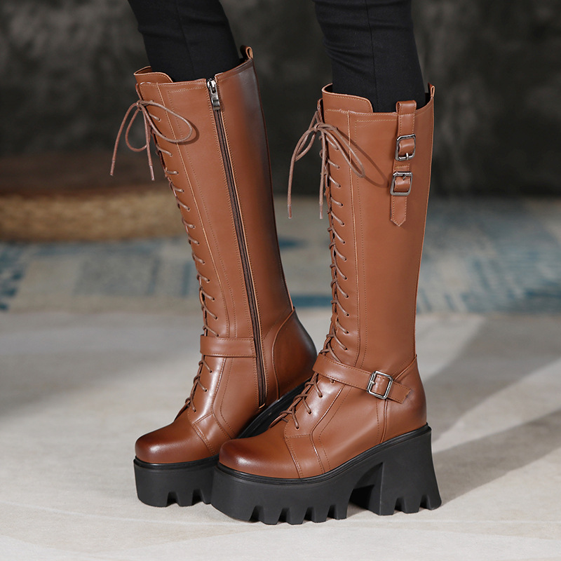 Boot nữ cổ cao phong cách cổ điển, gót 10 cm, khóa dây buộc — Lót nhung đen