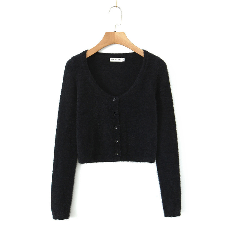 2024 New Women's Short High Waist Long Sleeve Women's Top Sweater Mohair Soft Fluffy Cardigan Wholesale