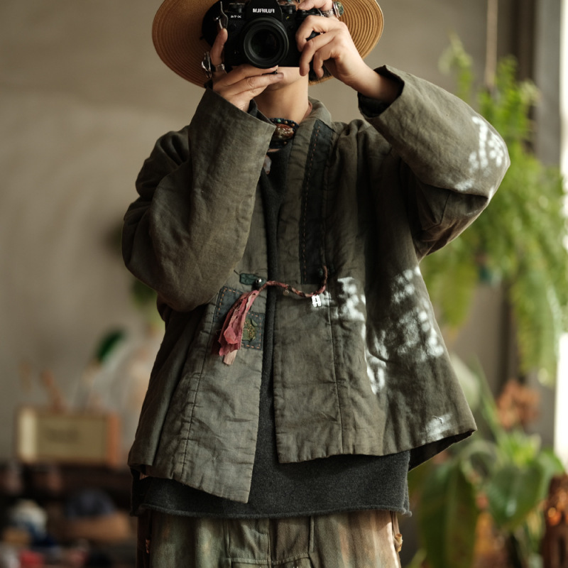 Little Mud Girl Original Design Women's Vintage Artistic Linen Patchwork Cotton Jacket 1922 Bean Green Little Mud Girl Original Design Women's Vintage Artistic Linen Patchwork Cotton Jacket 1922 Bean Green
