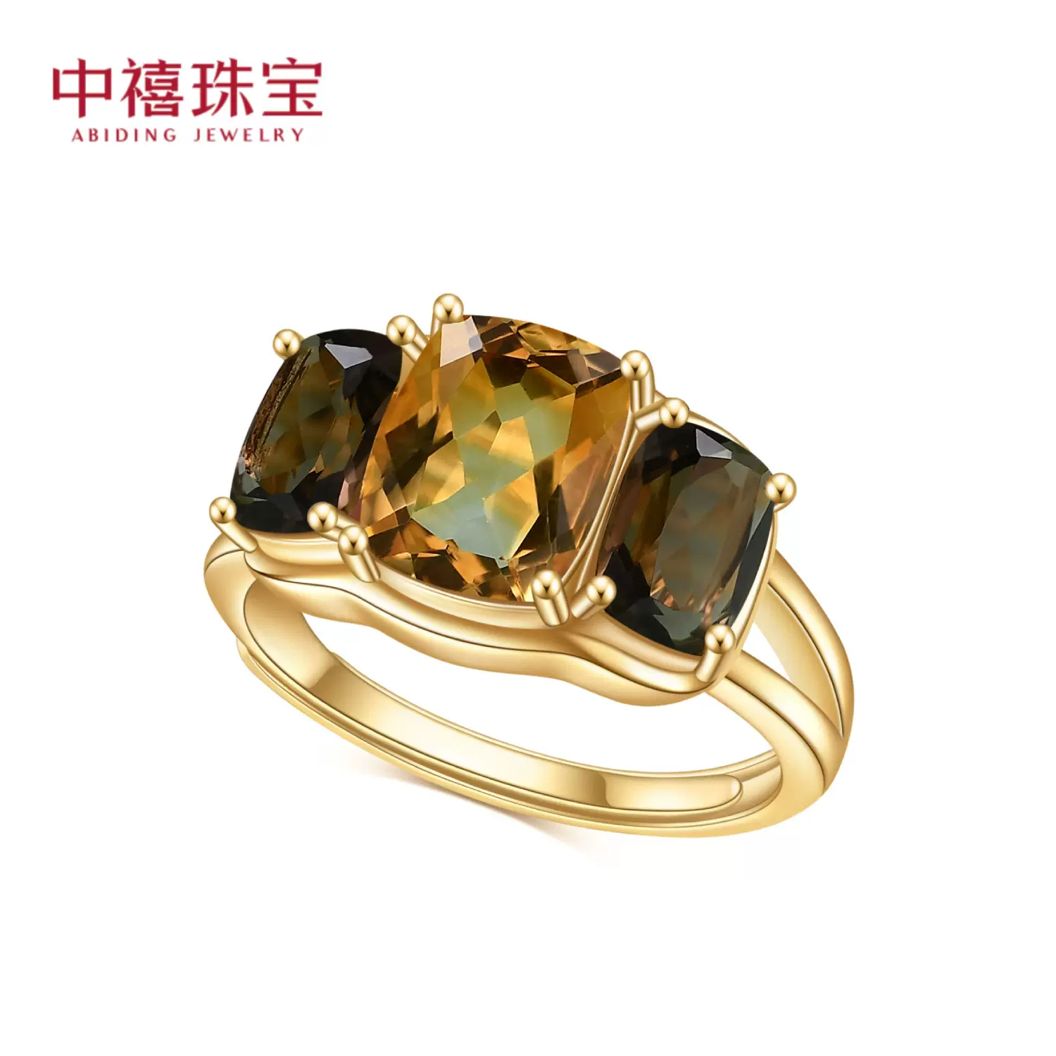 天然彩宝黄水晶茶晶戒指 奢华设计感s925银镀14k金镶嵌宝石戒指