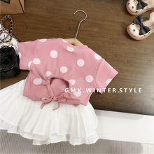 女童粉色波点后背镂空系结上衣+白色卷边百褶安全裙裤两件套套裙