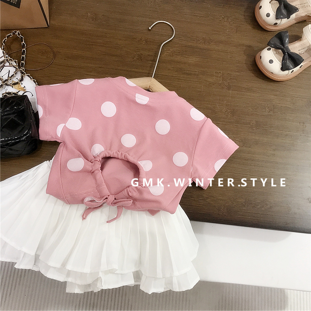 女童粉色波点后背镂空系结上衣+白色卷边百褶安全裙裤两件套套裙