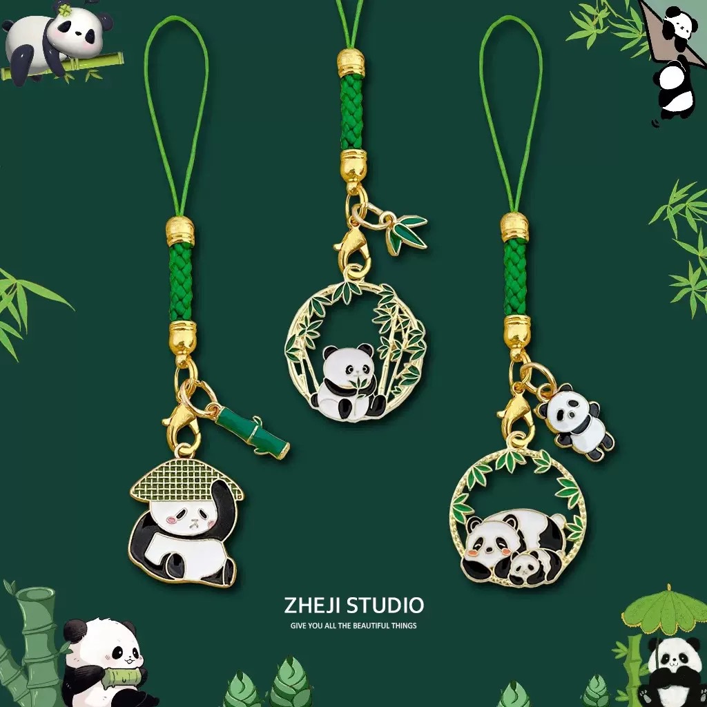 Chinese Style National Treasure Panda Wenchuang Mobile Phone Pendant Cute Cartoon Metal Keychain Lanyard Bag Accessories Gift