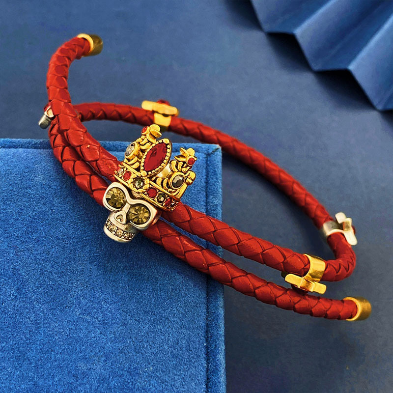 Middle Ancient Skull Crankhead Crown Benmingnian Red Leather Hand Rope Dark Hip-Hop Punk Style Adjustable Bracelet ins Bracelet