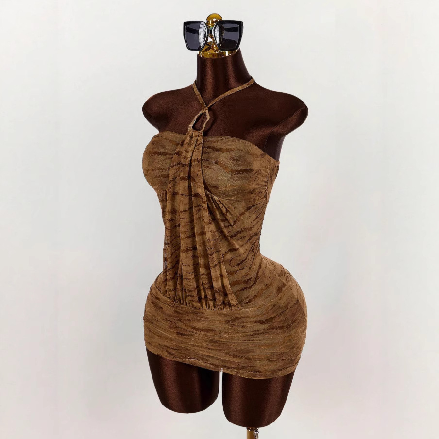 Cross-Border European and American Personalized Fashion Retro Short Hip-Hugging Skirt Niche Sexy Backless Sleeveless Halterneck Dress