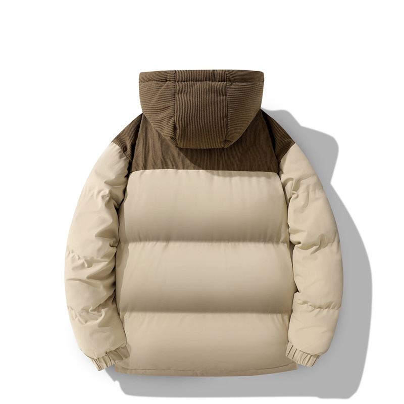 Men's Corduroy Puffer Jacket – Winter-Ready Colorblock Hooded Coat (Polyester-Filled, Detachable Hood, 3 Colors)_voghion.com