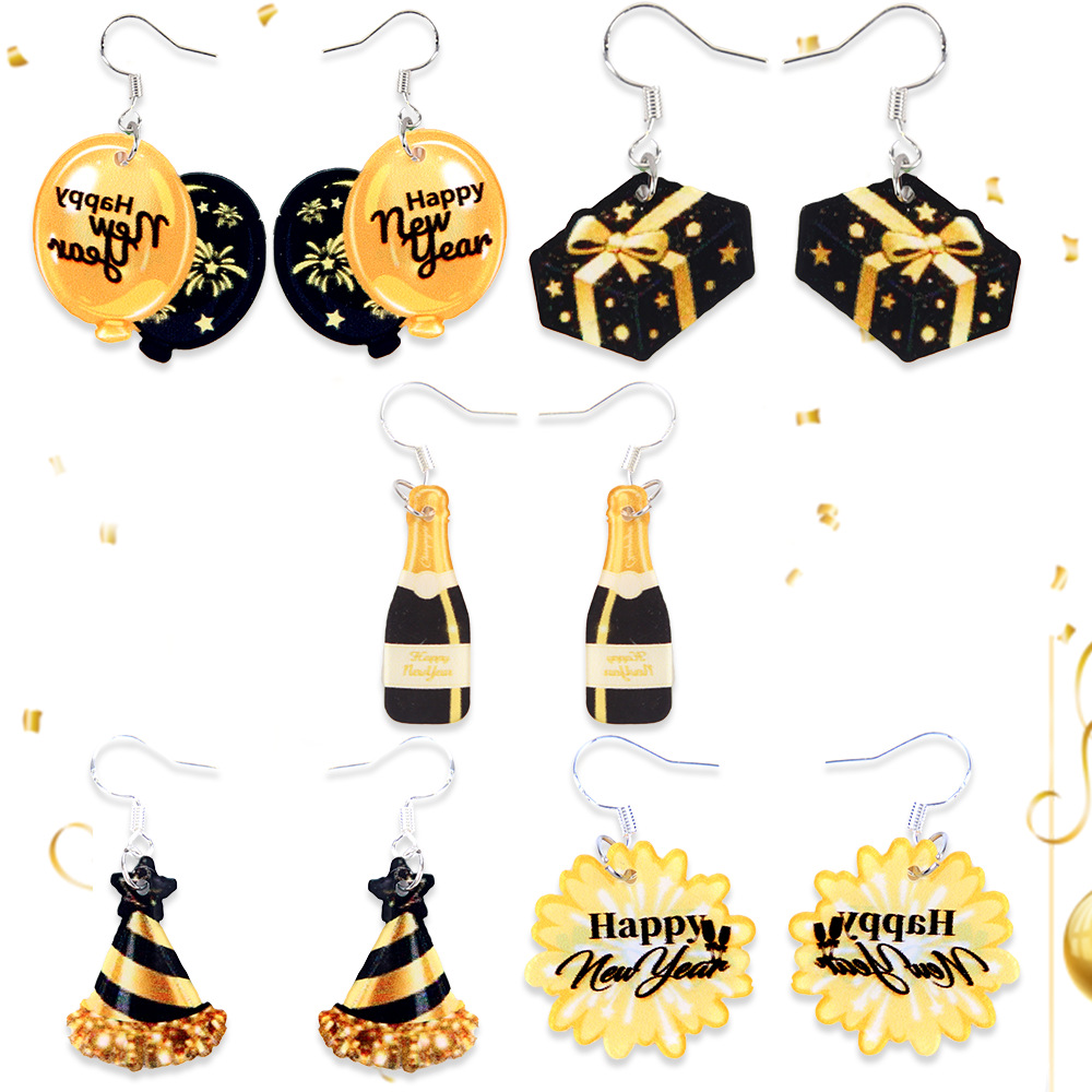 2026 Año Nuevo pendientes acrílicos globo sombrero pendientes regalos de Año Nuevo decoración de la fiesta de oro negro pendientes mujeres