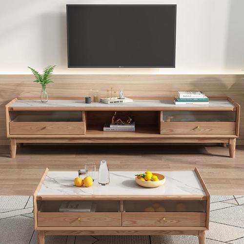 Nordic solid wood slate coffee table TV cabinet combination modern simple living room small apartment ash wood style coffee table