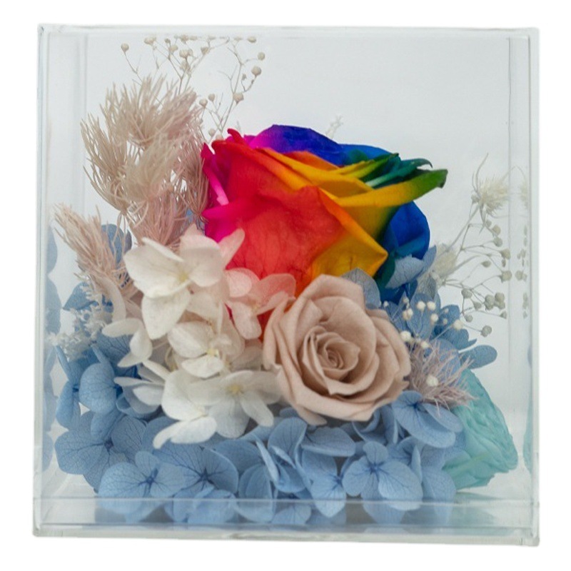 Caja de flores acrílica cuadrada con rosa eterna de Yunnan, regalo de alta gama para el Día de la Madre y el Día de San Valentín, adorno de flor eterna.