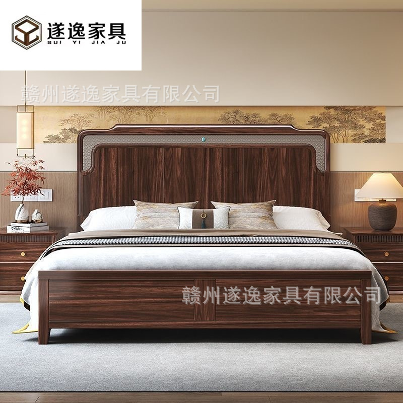 新中式乌金木实木床主卧室现代简约1.8米轻奢双人大床高档储物床