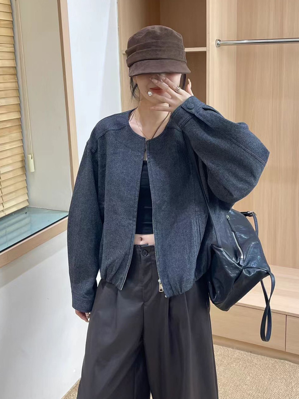 高级感圆领拉链羊毛呢料短外套女2025秋新款宽松显瘦百搭夹克上衣|undefined