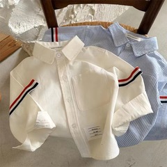 兒童純棉襯衫2024春季新款男女童條紋口袋襯衫寶寶韓版襯衣外套潮