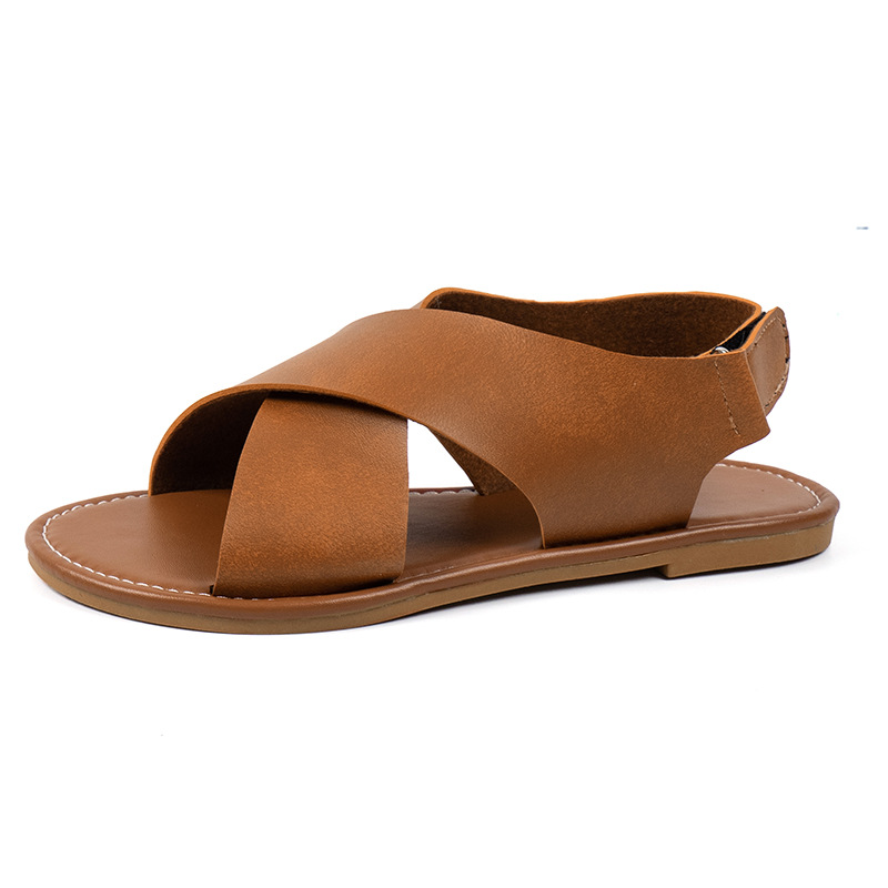 Large Size For Women, Outdoor Wear, One-Strap Cross, Solid Color, Velcro Flat Sandals_voghion.com