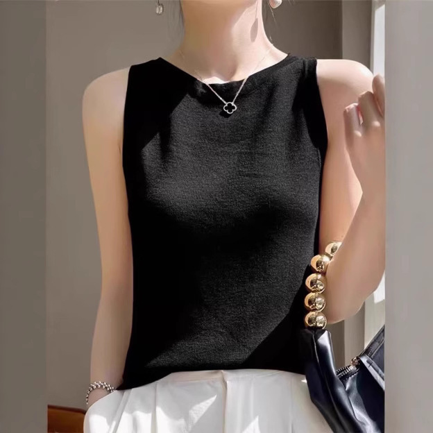 Cross-Border Wholesale New Style Round Neck Camisole Women's Sleeveless Pullover Knit Top Fine Wool Base Shirt