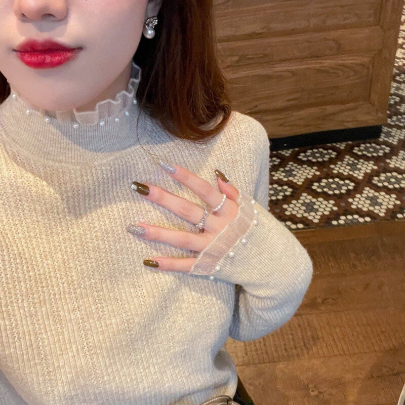 Autumn and winter Chanel style turtleneck sweater women's slim fit slimming bottoming shirt plus size knitwear Pearl Western style lace New