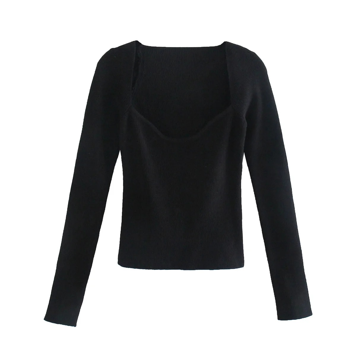 Retro Peach Heart Collar Long-Sleeved Tight-Fitting Pit Strip Solid Color Knitted Top NSZQW115377