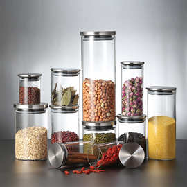 透明玻璃直管零食储物罐不锈钢盖多规格玻璃五谷收纳密封罐茶叶罐