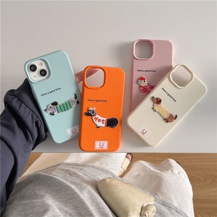 Ind Han Feng Leather Embroidered Dachshund Dog iPhone16promax Phone Case 13 for Apple 15/14 Soft Case