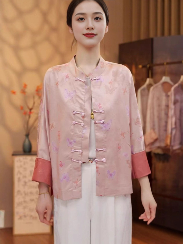 双面双穿新中式国2025春夏季复古盘扣桑蚕丝提花短款上衣开衫|undefined