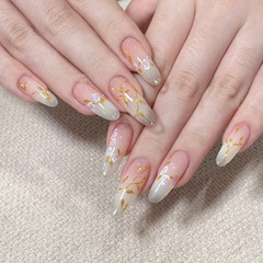 純欲風短杏仁晶石閃粉貓眼穿戴甲可拆卸成品美甲貼片紫玫瑰鎏金枝